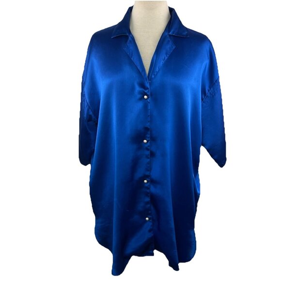 Vtg Victorias Secret Sz P/S Blue Gold Label Night Shirt Satin Button Up Pearls - Picture 1 of 8